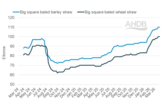 A line graph showing GB big bale straw weekly prices 29 March 2026.